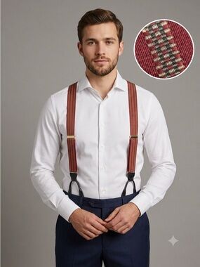 Vintage Burgundy w/ Striped Pattern Braces Button Suspenders - One Size 🇨🇦